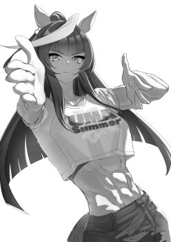 1girl abs absurdres animal_ears arms_up blunt_bangs calstone_light_o_(umamusume) commentary contrapposto cropped_shirt greyscale highres horse_ears horse_girl looking_at_viewer midriff monochrome muscular muscular_female navel outstretched_hand senchan_7 simple_background solo uma_summer_(umamusume) umamusume white_background