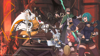 1boy 6+girls animal_ears artist_name belt black_bow black_gloves black_leotard black_pants black_shorts black_thighhighs blonde_hair blue_eyes bow breasts brown_belt brown_hair cape cleavage clenched_hands commentary_request covered_navel elf fingerless_gloves fire firing fox_ears fox_girl fox_tail gloves green_cape green_hair grey_hair gun hair_bow hair_bun hair_ornament hairclip high_kick highres holding holding_gun holding_weapon jumping kicking large_breasts leotard long_hair long_sleeves looking_at_another multicolored_hair multiple_girls nagi_itsuki open_mouth original pants pixiv_fantasia pixiv_fantasia_scepter_of_zeraldia pointy_ears purple_hair rabbit_ears rabbit_tail red_eyes red_hair short_hair short_shorts shorts sidelocks streaked_hair tail teeth thighhighs tongue two-tone_hair weapon white_pants wooden_box