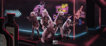 Rule 34 | 5girls, absurdres, animal ears, assault rifle, black necktie, black skirt, black thighhighs, blue eyes, brown shoes, dated, fox ears, fox girl, grey hair, gun, highres, load bearing vest, loafers, miliki, multiple girls, necktie, neon lights, nightclub, original, rifle, scope, shoes, skirt, thighhighs, watermark, weapon, white thighhighs