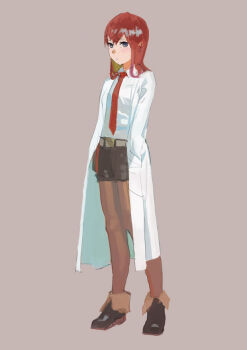 Rule 34 | 1girl, aged down, bad id, bad pixiv id, belt, blue eyes, boots, brown pantyhose, dress shirt, female focus, full body, grey background, hands in pockets, ishidah, lab coat, long hair, makise kurisu, necktie, pantyhose, pantyhose under shorts, red hair, red necktie, science adventure, shirt, shorts, simple background, solo, steins;gate