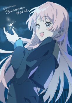 Rule 34 | 1girl, bang dream!, bang dream! it's mygo!!!!!, blue shirt, chihaya anon, commentary, fang, grey eyes, highres, long hair, long sleeves, night, open mouth, ora (oraora oekaki), pink hair, shirt, solo