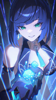 1girl bare_shoulders blue_background blue_hair bob_cut breasts cleavage commentary_request dice earrings elbow_gloves floating floating_object genshin_impact gloves green_eyes grin hand_up highres jewelry large_breasts looking_at_viewer md5_mismatch mole mole_on_breast neck_tassel no_jacket short_hair single_elbow_glove smile solo sucui_qiuqiu tassel upper_body yelan_(genshin_impact)