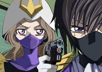 1boy 1girl absurdres black_hair brother_and_sister code_geass company_connection cosplay covered_mouth from_behind girigiri_(0117) gloves gun gundam gundam_gquuuuuux handgun helmet highres holding holding_gun holding_weapon kycilia_zabi kycilia_zabi_(cosplay) lelouch_vi_britannia long_hair military_uniform mobile_suit_gundam nazuka_kaori nunnally_vi_britannia purple_eyes siblings standing sweatdrop voice_actor_connection weapon zeon zero_(code_geass) zooming_in