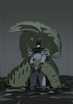 2boys absolute_batman absolute_dc bat_mask batman batman_(series) belt bodysuit commentary cowl crocodile crocodile_boy crocodilian crocodilian_tail crooked_teeth dc_comics dentures english_commentary extra_teeth grey_bodysuit highres killer_croc lizardman multicolored_bodysuit multiple_boys reptile_boy superhero_costume tail tjfclfb two-tone_bodysuit utility_belt