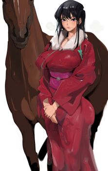 1girl absurdres bestiality bite_mark black_hair breasts highres horse implied_bestiality japanese_clothes kimono komi-san_wa_komyushou_desu komi_shouko large_breasts long_hair looking_at_viewer mamimi_(mamamimi) own_hands_together stray_hair suggestive_fluid