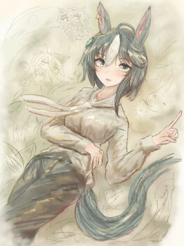 1girl absurdres ahoge animal_ears arm_under_breasts axeisland black_pants blue_eyes breasts brown_hair ear_ornament fuji_kiseki_(umamusume) hair_ornament hand_up highres horse_ears horse_girl index_finger_raised long_sleeves medium_breasts multicolored_hair neckerchief pants shirt short_hair simple_background solo umamusume white_background white_hair white_neckerchief white_shirt