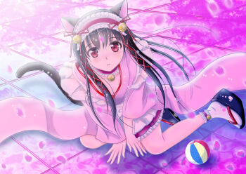 1girl animal_ears apron ball beachball bell between_legs black_hair black_sandals blush bow bowtie breasts cat_ears cat_girl cat_tail collarbone commentary_request falling_petals frilled_skirt frills full_body furisode_sleeves h.i.t_(59-18-45) hair_bell hair_ornament hand_between_legs japanese_clothes jingle_bell kimono light_particles long_hair long_sleeves looking_at_viewer maid maid_apron okobo original parted_lips petals pink_kimono pink_petals platform_sandals red_eyes red_skirt reflective_floor sandals sitting skirt small_breasts socks solo tabi tail tile_floor tiles top_of_moe_2015 wa_maid white_socks x_hair_ornament