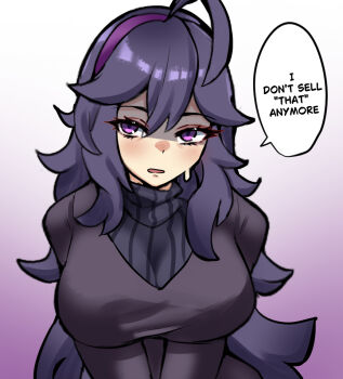 Rule 34 | 1340smile, 1girl, ahoge, black hair, black sweater, breasts, commentary, english commentary, hairband, hex maniac (pokemon), hex maniac (pokemon xy), large breasts, nintendo, pokemon, pokemon xy, purple eyes, purple hairband, shaded face, solo, sweat, sweater, turtleneck, turtleneck sweater, upper body