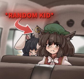 2girls animal_ears black_hair blurry blurry_background blush bow bowtie brown_hair cat_ears cat_girl chen closed_eyes commentary earrings english_text fang green_hat hat highres inaba_tewi jewelry mcsquiddies mob_cap multiple_girls rabbit_ears rabbit_girl single_earring touhou white_bow white_bowtie