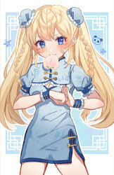 Rule 34 | 1girl, bandaid, bandaid on cheek, bandaid on face, blonde hair, blue dress, blue eyes, braid, breasts, bun cover, china dress, chinese clothes, cleavage, cleavage cutout, clothing cutout, dress, floating hair, goddess of victory: nikke, highres, laplace (nikke), long hair, looking at viewer, mouth hold, shimada (smd dms), short dress, short sleeves, sketch, small breasts, solo, very long hair, wrist cuffs
