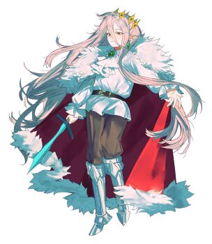 1boy androgynous animification armored_boots artist_request ascot belt bishounen boots brooch brown_belt brown_pants cape chinese_commentary commentary_request commission crown dream_smp earrings full_body fur-trimmed_cape fur_trim gold_crown hair_between_eyes highres holding holding_sword holding_weapon humanization jeweled_crown jewelry long_hair long_sleeves male_focus minecraft_sword minecraft_youtube pants pink_hair pointed_crown pointy_ears red_cape red_eyes second-party_source shirt simple_background single_earring solo sword tachi-e technoblade variant_set very_long_hair weapon white_ascot white_background white_shirt