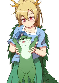 1girl animal antlers armpit_carry ayuyu_yuka03 blonde_hair blue_shirt blush closed_mouth commentary_request dragon_girl dragon_horns dragon_tail green_scales green_skirt green_tail highres holding holding_animal horns kicchou_yachie otter otter_spirit_(touhou) red_eyes shirt short_sleeves simple_background skirt smile solo spiked_shell tail touhou turtle_shell white_background yellow_horns
