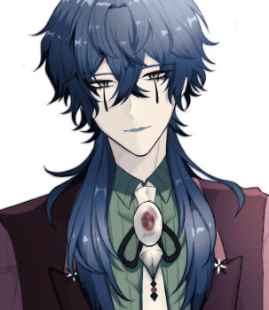 1boy blazer blue_hair blue_lips bolo_tie closed_mouth clown commentary_request crossed_bangs green_shirt hair_between_eyes jacket ju_(mahjong_soul) long_bangs long_hair looking_at_viewer mahjong_soul male_focus necktie red_jacket shirt simple_background smile solo teardrop_facial_mark tetra_c_xxx upper_body white_background white_necktie