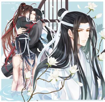 Rule 34 | 2boys, ahoge, bishounen, black hair, black hanfu, branch, brown hair, carrying, chinese clothes, closed eyes, closed mouth, commentary request, couple, falling petals, flower, hair ribbon, hanfu, headband, heart, high ponytail, highres, hug, kanda faf2, lan wangji, lattice, long hair, long sleeves, looking at another, looking at viewer, male focus, modao zushi, mouth hold, multiple boys, multiple scars, multiple views, nude, parted lips, partially submerged, petals, ponytail, princess carry, red ribbon, ribbon, ribbon in mouth, robe, scar, scar on back, sidelocks, smile, solo focus, topknot, twitter username, very long hair, water, wei wuxian, white flower, white hanfu, white headband, white petals, white ribbon, wide sleeves, window, xiao guan (headdress), yaoi, yellow eyes