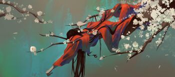 1boy absurdres artist_name bird black_hair branch chinese_clothes chinese_commentary dao_gui_yi_xian flower from_side full_body hanfu highres holding in_tree li_huowang long_hair long_sleeves male_focus qili32510 red_hanfu robe solo tree very_long_hair white_flower wide_sleeves wuxia