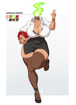 Rule 34 | 1girl, black bra, black shoes, black skirt, blush, bra, bracelet, breasts, character name, cleavage, dullahan, ear piercing, full body, highres, id card, jewelry, large breasts, looking at viewer, mole, mole on breast, nail polish, necklace, office lady, okasbasement, open mouth, original, partially unbuttoned, piercing, platform shoes, red hair, shirt, shoes, skirt, smile, solo, standing, thick thighs, thighs, tongue, tongue out, tongue piercing, underwear, v, white shirt