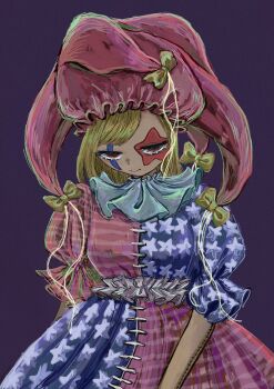 1girl :| absurdres american_flag_dress blonde_hair bow closed_mouth clownpiece cowboy_shot facepaint flag_print frilled_hat frilled_sleeves frills half-closed_eyes hat highres jester_cap long_eyelashes looking_down neck_ruff no_eyebrows omaega_chan painterly parted_bangs puffy_short_sleeves puffy_sleeves purple_background red_eyes red_hat sash short_sleeves side_part solo star_(symbol) star_print static stitched_arm stitches straight-on thread touhou waist_sash yellow_bow