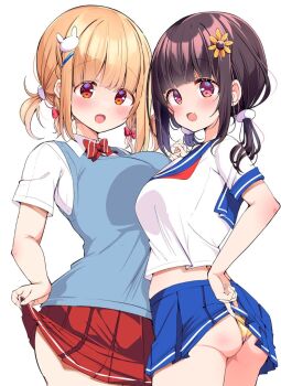 Rule 34 | 2girls, :o, adjusting clothes, adjusting panties, ass, asymmetrical docking, black hair, blonde hair, blue sailor collar, blue skirt, blue sweater vest, blunt bangs, blush, bow, bowtie, breast press, breasts, character request, clothes lift, commentary, copyright request, cowboy shot, crop top, cropped shirt, diagonal-striped bow, diagonal-striped bowtie, diagonal-striped clothes, dot nose, fang, flower, hair bow, hair flower, hair ornament, hairclip, highres, kurou (quadruple zero), large breasts, lifting own clothes, looking at viewer, low twintails, medium breasts, medium hair, miniskirt, multiple girls, one side up, open mouth, panties, pink eyes, pleated skirt, red bow, red bowtie, red eyes, red skirt, sailor collar, school uniform, serafuku, shirt, short sleeves, simple background, skin fang, skirt, skirt lift, standing, striped bow, striped bowtie, striped clothes, sweater vest, symbol-only commentary, twintails, underwear, wedgie, white background, white shirt, yellow panties