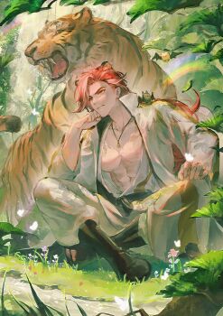 1boy absurdres black_boots boots chinian closed_mouth commentary_request creature crossed_ankles extra_ears hand_on_own_chin head_rest highres jewelry large_pectorals looking_ahead luo_xiaohei_zhanji male_focus necklace orange_eyes outdoors pectorals red_hair sitting solo tiger yegee