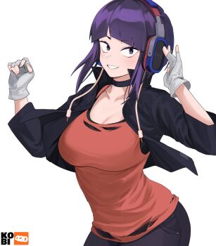 1girl adjusting_headphones artist_logo artist_name black_choker black_gloves black_jacket black_pants blush boku_no_hero_academia breasts choker collarbone cowboy_shot cropped_jacket denim fingerless_gloves gloves hands_up highres jacket jiro_kyoka kobi420 large_breasts logo long_sleeves looking_at_viewer medium_hair open_clothes open_jacket orange_shirt pants parted_lips purple_hair shirt sidelocks smile solo teeth torn_clothes torn_shirt white_background white_gloves