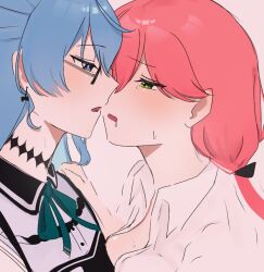 Rule 34 | 2girls, after kiss, blue eyes, blue hair, breast press, breasts, collared shirt, earrings, glasses, green eyes, grey background, half-closed eyes, hand on another&#039;s shoulder, hatehate, hololive, hoshimachi suisei, hoshimachi suisei (streetwear), jewelry, long hair, medium breasts, multiple girls, official alternate costume, open clothes, open shirt, parted lips, pink hair, sakura miko, saliva, saliva trail, shirt, simple background, sleeveless, sleeveless shirt, sweat, upper body, virtual youtuber, white shirt, yuri