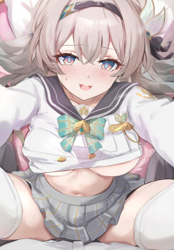 1boy 1girl :d black_hairband blue_eyes blush bow bowtie breasts clothes_lift firefly_(honkai:_star_rail) firefly_(spring_missive)_(honkai:_star_rail) green_bow green_bowtie grey_hair grey_sailor_collar grey_skirt hairband highres honkai:_star_rail honkai_(series) large_breasts long_hair multicolored_eyes navel official_alternate_costume open_mouth pink_eyes sailor_collar school_uniform shirt_lift skirt smile sweatdrop thighhighs tomas_(kaosu22) two-tone_eyes white_thighhighs