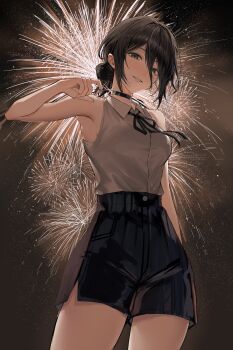 1girl aerial_fireworks black_choker black_ribbon chainsaw_man choker commentary_request fireworks green_eyes grenade_pin hair_between_eyes hair_bun highres long_hair_between_eyes neck_ribbon night pull_cord raiya_atelier reze_(chainsaw_man) ribbon shirt shirt_tucked_in single_hair_bun sky sleeveless sleeveless_shirt