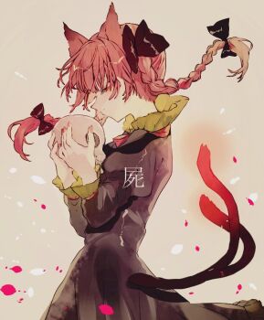 1girl animal_ears black_bow black_dress bow braid cat_ears cat_girl cat_tail closed_eyes closed_mouth commentary_request cowboy_shot dress frilled_sleeves frills grey_background hair_bow holding holding_skull juliet_sleeves kaenbyou_rin long_hair long_sleeves multiple_tails one-hour_drawing_challenge profile puffy_sleeves red_hair shinjitsu_no_kuchi skull smile solo tail touhou twin_braids two_tails