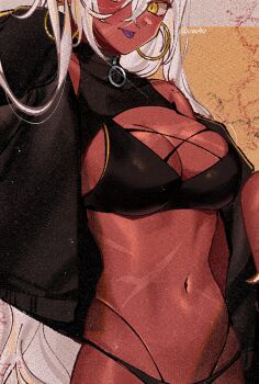 1girl akumi_(yoclesh) bikini black_bikini breasts cleavage colored_skin colored_tongue demon_girl earrings hair_between_eyes hoop_earrings indie_virtual_youtuber jacket jewelry long_hair looking_at_viewer medium_breasts navel oni open_clothes open_jacket original panties purple_tongue red_skin scar slit_pupils solo standing stomach swimsuit tongue tongue_out underwear usergore very_long_hair virtual_youtuber white_hair yellow_eyes