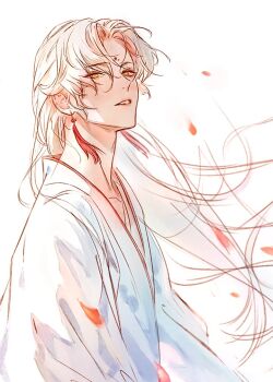 1boy androgynous bishounen chinese_clothes commentary earrings eyeliner facial_mark falling_petals forehead_mark hanfu huadian jewelry kkcoocool long_hair long_sleeves looking_at_viewer makeup male_focus parted_lips petals project_camellia red_eyeliner red_petals red_trim robe simple_background solo symbol-only_commentary tassel tassel_earrings upper_body white_background white_hair white_hanfu white_robe wind xiao_hua_(project_camellia) yellow_eyes