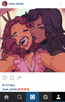 Rule 34 | 2girls, cheek press, cinnabarbie, commentary, dark-skinned female, dark skin, english commentary, eyeliner, fake phone screenshot, fake screenshot, green eyes, instagram, jewelry, long hair, makeup, medium hair, mole, mole under eye, multiple girls, necklace, one eye closed, original, outstretched arms, pink shirt, red hair, red lips, shirt, tongue, tongue out, v, yellow eyes, yuri