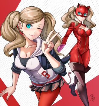 1girl black_jacket blonde_hair blue_eyes blush bodysuit boots breasts cat_mask cleavage collarbone dilan_griz earrings highres hood hoodie jacket jewelry long_hair looking_at_viewer mask medium_breasts miniskirt multiple_views one_eye_closed panther_(persona_5) pantyhose parted_lips persona persona_5 plaid_clothes plaid_skirt red_bodysuit red_pantyhose school_uniform shuujin_academy_school_uniform skirt stud_earrings takamaki_anne thigh_boots twintails v white_hoodie