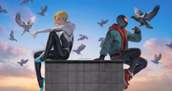 1boy 1girl aqua_jacket arm_support bird black_bodysuit black_shorts blonde_hair blue_eyes blue_sky blurry blurry_background bodysuit breasts cloud commentary english_commentary from_side gradient_sky gwen_stacy highres hood hood_down hooded_bodysuit jacket large_breasts marvel miles_morales multicolored_bodysuit multicolored_jacket no_mask orange_sky pigeon red_jacket red_shoes shoes short_hair shorts signature sitting sky sneakers spider-gwen spider-man:_into_the_spider-verse spider-man_(miles_morales) spider-man_(series) spider-verse superhero_costume undercut western_comics_(style) white_bodysuit yoon_junggeun