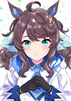 1girl absurdres animal_ears aqua_eyes black_gloves black_hair blue_necktie colored_inner_animal_ears commentary_request commission daring_tact_(umamusume) gloves highres horse_ears horse_girl jacket kanon_(user_rrhr4244) long_hair looking_at_viewer necktie shirt sidelocks skeb_commission solo umamusume upper_body white_jacket white_shirt