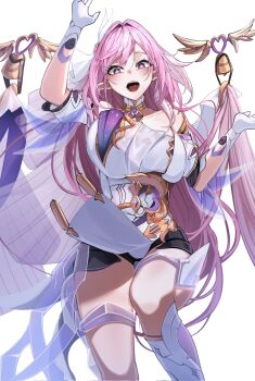 1girl alternate_breast_size_(larger) arm_up black_shorts breasts commentary_request corrupted_twitter_file diamond-shaped_pupils diamond_(shape) elysia_(herrscher_of_human:_ego)_(honkai_impact) elysia_(honkai_impact) feet_out_of_frame floating_drapes gloves hair_intakes hair_ornament hand_up highres honkai_(series) honkai_impact_3rd huge_breasts kamishiro_noa leotard long_hair looking_at_viewer open_mouth pink_hair pointy_ears purple_eyes short_shorts shorts simple_background solo symbol-shaped_pupils thighs very_long_hair white_background white_gloves white_leotard