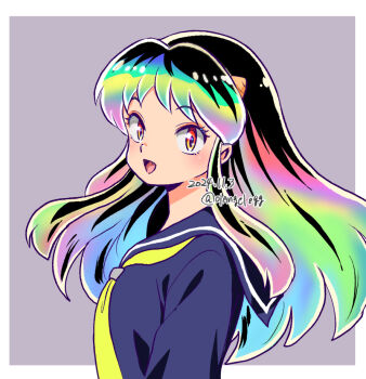 01angelegg 1girl 2024 :d blue_sailor_collar blue_serafuku blue_shirt border fang floating_hair from_side grey_background horns long_hair looking_at_viewer lum multicolored_hair neckerchief open_mouth outside_border red_eyes sailor_collar sailor_shirt school_uniform serafuku shirt simple_background smile solo twitter_username upper_body urusei_yatsura white_border yellow_neckerchief