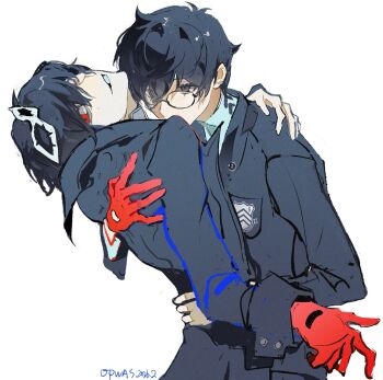 0dwas2004 2boys amamiya_ren art_program_in_frame black-framed_eyewear black_coat black_eyes black_hair coat commentary english_commentary eye_mask glasses gloves highres joker_(persona_5) looking_at_another looking_at_viewer male_focus mask mask_on_head multiple_boys persona persona_5 red_eyes red_gloves semi-circular_eyewear short_hair simple_background white_background