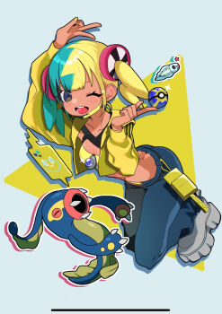 1girl ;d arm_up bandeau belt black_belt canari_(pokemon) commentary_request cropped_jacket eelektross gen_4_pokemon gen_5_pokemon grey_shoes hand_up happy highres jacket miku_(m1ku) multicolored_hair nintendo one_eye_closed open_clothes open_jacket open_mouth pants poke_ball pokemon pokemon_(creature) pokemon_legends:_z-a quick_ball rotom rotom_phone shoes smile teeth tongue twintails tynamo v yellow_bandeau yellow_jacket zipper_pull_tab