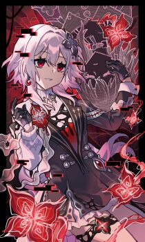 absurdres black_dress black_flower black_gloves commentary cowboy_shot dress earrings evernight_(honkai:_star_rail) flower gloves hair_flower hair_ornament highres honkai:_star_rail honkai_(series) jewelry long_hair making-of_available march_7th_(honkai:_star_rail) march_7th_(preservation)_(honkai:_star_rail) medium_hair official_alternate_costume official_alternate_design official_alternate_eye_color official_alternate_hair_length official_alternate_hairstyle pink_hair red_eyes sakana_(fishchunk) single_bare_shoulder single_earring thigh_strap