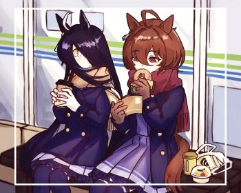 2girls agnes_tachyon_(umamusume) animal_ears bag bench blue_coat book chemical_structure coat cup disposable_cup dorayaki ear_ornament ear_tag earrings eating food highres holding holding_book holding_food horse_ears horse_girl horse_tail jewelry long_sleeves manhattan_cafe_(umamusume) multiple_girls on_bench open_book plastic_bag purple_shirt purple_skirt purple_thighhighs red_eyes red_scarf scarf shirt single_earring sitting skirt sumikaracafe tail thighhighs umamusume wagashi wooden_bench yellow_eyes yellow_scarf