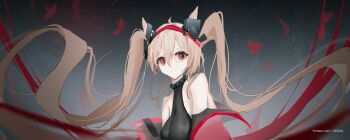 1girl 2024 absurdly_long_hair alternate_breast_size_(larger) angelina_(arknights) angelina_(distinguished_visitor)_(arknights) animal_ears arknights artist_name bare_shoulders black_collar black_leotard breasts brown_hair city clothes_down coat collar commentary film_grain floating_hair fox_ears frinteer hair_between_eyes hairband headgear highres impossible_clothes impossible_leotard infection_monitor_(arknights) large_breasts leotard long_hair looking_at_viewer official_alternate_costume open_clothes open_coat red_coat red_eyes red_hairband smile solo twintails upper_body very_long_hair