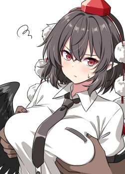1girl 1other bird_wings black_necktie black_wings blush breasts brown_hair closed_mouth collared_shirt commentary_request dark_skin grabbing_another&#039;s_breast groping hat highres large_breasts looking_at_viewer medium_hair necktie pointy_ears pom_pom_(clothes) puffy_short_sleeves puffy_sleeves red_eyes red_hat rise_(rise19851203) shameimaru_aya shirt short_sleeves squiggle sweatdrop tokin_hat touhou white_shirt wings