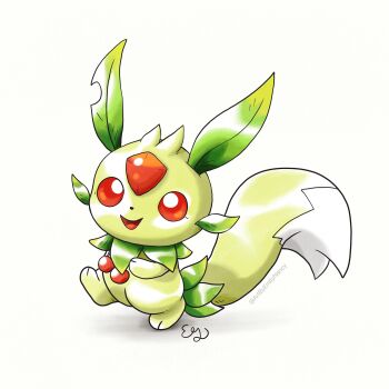 Rule 34 | absurdres, forehead jewel, gem, green fur, highres, lifmunk, looking at viewer, no humans, open mouth, pal (creature), palworld, pixelpandagirl, red eyes, red gemstone, signature, simple background, solo, white background