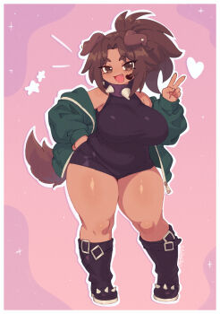 1girl animal_ears artist_name border breasts brown_eyes brown_hair brown_tail collar covered_navel dot_nose fang full_body green_jacket head_tilt heart highres huge_breasts jacket long_hair long_sleeves looking_at_viewer off_shoulder open_clothes open_jacket open_mouth original outline pink_background ponytail sillydogjoe solo spiked_boots spiked_collar spikes standing tail thick_thighs thighs v white_border white_outline zipper_pull_tab