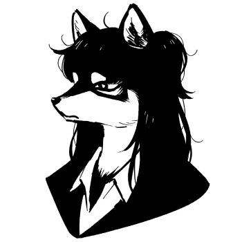 1girl body_fur dog_girl furry furry_female greyscale highres long_hair looking_to_the_side monochrome original portrait shiba_inu shirai_keita simple_background solo white_background