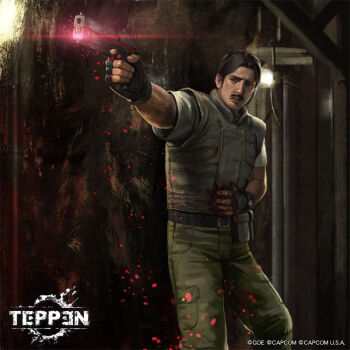 Rule 34 | 1boy, black hair, bleeding, blood, bulletproof vest, capcom, cave, enrico marini, facial hair, fingerless gloves, gloves, gun, handgun, injury, mustache, official art, osanai yusuke, pistol, police, police uniform, resident evil, shirt, sideburns, silk, spider web, teppen, tunnel, watch, weapon, white shirt, wristwatch