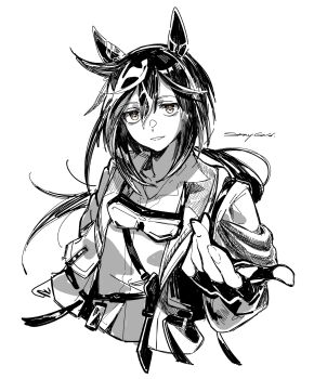 1girl animal_ears brown_eyes coat collared_shirt cropped_torso ear_covers goggles goggles_around_neck greyscale hair_between_eyes highres horse_ears horse_girl knife knife_sheath long_hair looking_at_viewer monochrome multicolored_hair ohayonabeno parted_lips reaching reaching_towards_viewer sheath shirt simple_background solo spot_color stay_gold_(sunlit_outsider)_(umamusume) stay_gold_(umamusume) streaked_hair umamusume