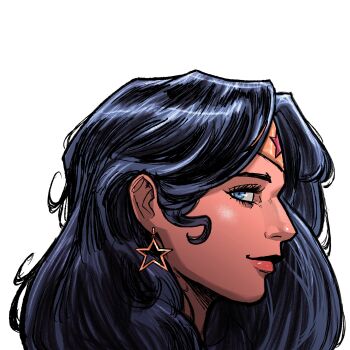 1girl black_hair blue_eyes circlet commentary commentary_request dc_comics earrings hair_behind_ear highres jewelry pink_hair pizza990 portrait profile sideways_glance smile solo star_(symbol) star_earrings wonder_woman wonder_woman_(series)
