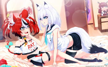3girls animal_ears as181585963 aura bare_shoulders black_hair black_thighhighs blue_eyes blush character_doll choker collarbone dark_aura demon_horns doll fox_ears fox_girl fox_tail hakos_baelz highres hololive hololive_english horns irys_(hololive) kneeling lens_flare licking_lips long_hair medium_hair midriff mirror mouse_girl mouse_tail multicolored_hair multiple_girls navel open_mouth pointy_ears purple_hair rat_ears red_hair shirakami_fubuki shirakami_fubuki_(1st_costume) sitting spiked_choker spikes streaked_hair tail thighhighs tongue tongue_out virtual_youtuber white_hair yuri