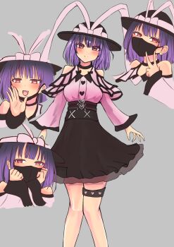 1girl alternate_costume bare_shoulders bissya314 black_hat black_mask black_skirt bow closed_mouth commentary_request feet_out_of_frame grey_background hat hat_bow heart high-waist_skirt jirai_kei mask mouth_mask multiple_views nagae_iku pink_bow purple_hair red_eyes short_hair simple_background skirt touhou v